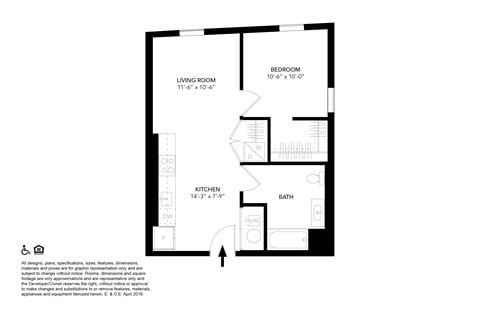 Floor plan for 1 bed, 1 bath, 561 sqft