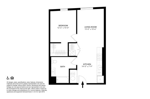 Floor plan for 1 bed, 1 bath, 609 sqft