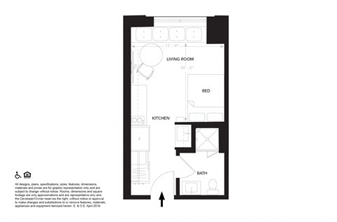 Floor plan for studio, 1 bath, 256 sqft