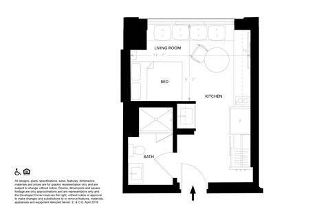 Floor plan for studio, 1 bath, 256 sqft