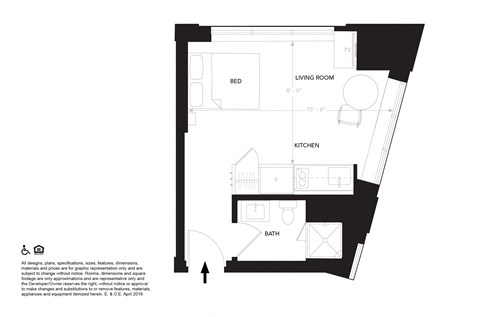 Floor plan for studio, 1 bath, 265 sqft