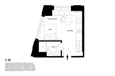 Floor plan for studio, 1 bath, 268 sqft
