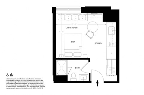Floor plan for studio, 1 bath, 270 sqft