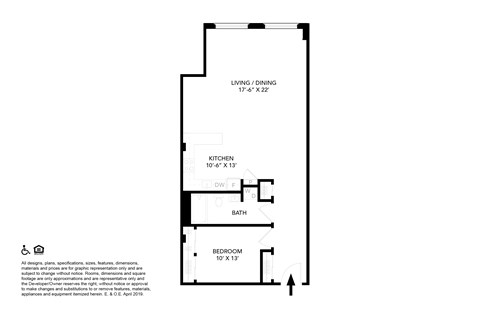Floor plan for 1 bed, 1 bath, 880 sqft