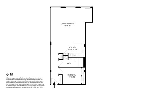 Floor plan for 1 bed, 1 bath, 950 sqft