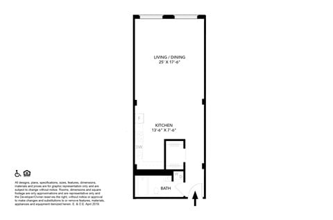 Floor plan for studio, 1 bath, 735 sqft
