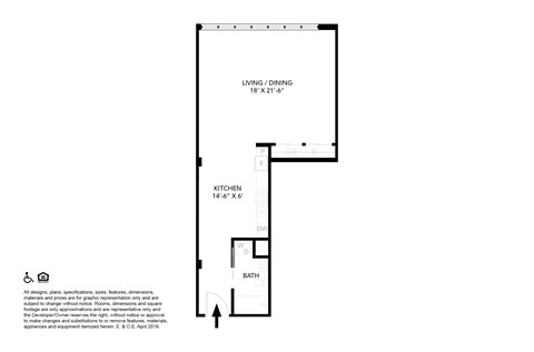 Floor plan for studio, 1 bath, 660 sqft