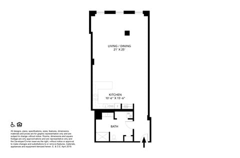 Floor plan for studio, 1 bath, 945 sqft