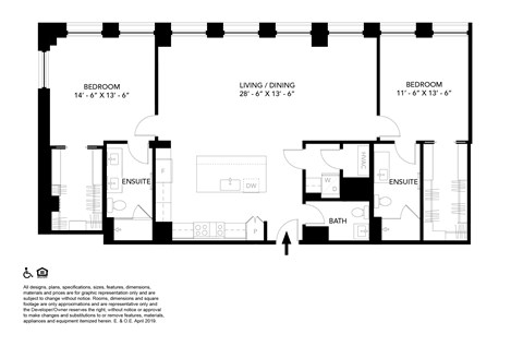 Floor plan for 2 beds, 2.5 baths, 1400 sqft