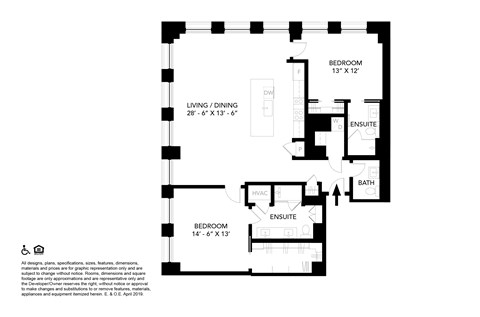 Floor plan for 2 beds, 2.5 baths, 1385 sqft