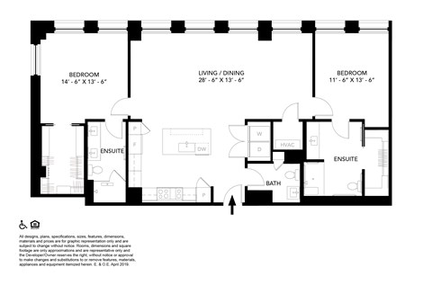 Floor plan for 2 beds, 2.5 baths, 1400 sqft
