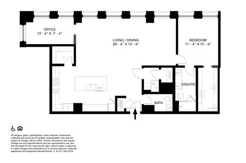 Floor plan for 1 bed, 1.5 baths, 1250 sqft