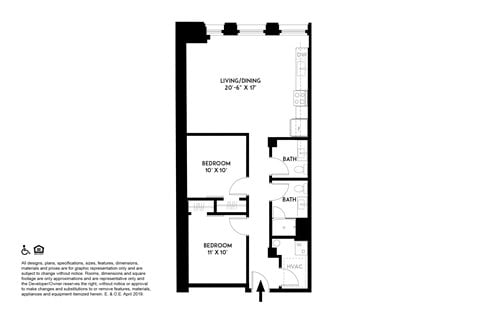 Floor plan for 2 beds, 1.5 baths, 876 sqft