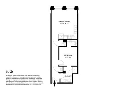 Floor plan for 1 bed, 1 bath, 639 sqft