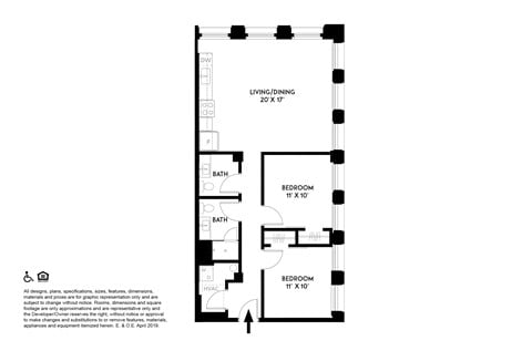 Floor plan for 2 beds, 1.5 baths, 866 sqft