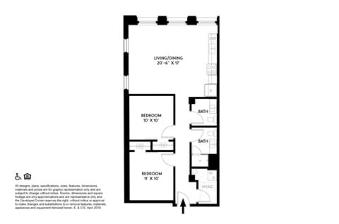 Floor plan for 2 beds, 1.5 baths, 876 sqft