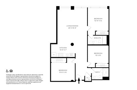 Floor plan for 3 beds, 2 baths, 1223 sqft