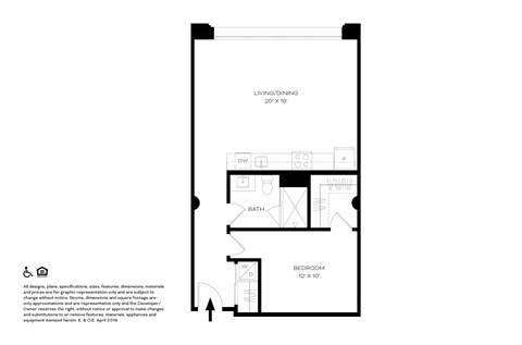 Floor plan for 1 bed, 1 bath, 670 sqft