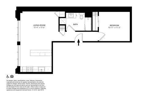 Floor plan for 1 bed, 1 bath, 615 sqft