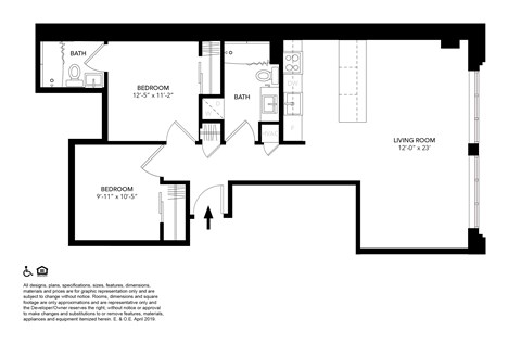 Floor plan for 2 beds, 2 baths, 875 sqft