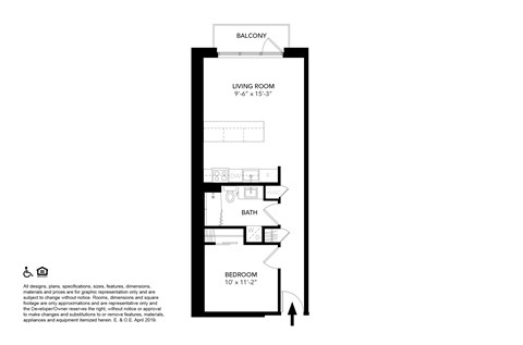 Floor plan for 1 bed, 1 bath, 580 sqft