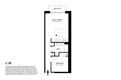 Floor plan for 1 bed, 1 bath, 595 sqft