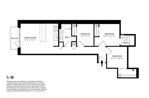 Floor plan for 3 beds, 2 baths, 950 sqft