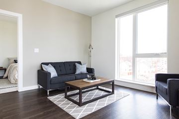 Detroit apartment for rent - A black couch with white pillows sits in a living room with a coffee table in front of it.