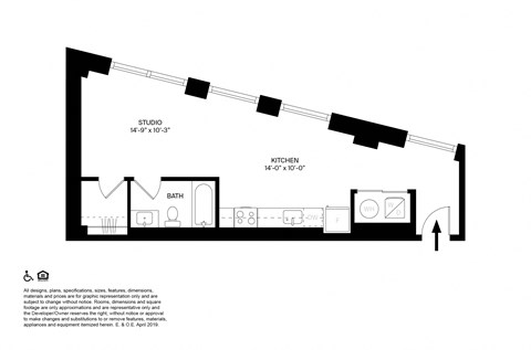 Floor plan for studio, 1 bath, 570 sqft