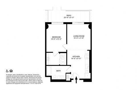 Floor plan for 1 bed, 1 bath, 688 sqft