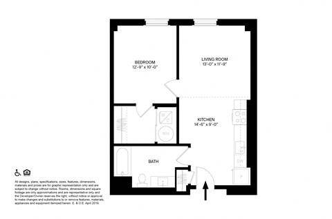Floor plan for 1 bed, 1 bath, 663 sqft