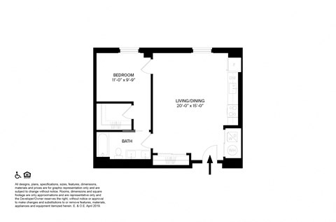 Floor plan for 1 bed, 1 bath, 680 sqft