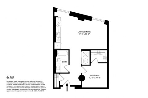 Floor plan for 1 bed, 1 bath, 703 sqft