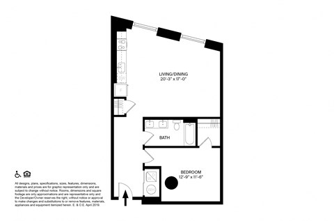 Floor plan for 1 bed, 1 bath, 865 sqft