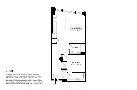 Floor plan for 1 bed, 1 bath, 895 sqft