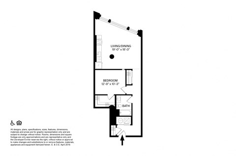 Floor plan for 1 bed, 1 bath, 844 sqft