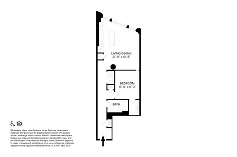 Floor plan for 1 bed, 1 bath, 935 sqft