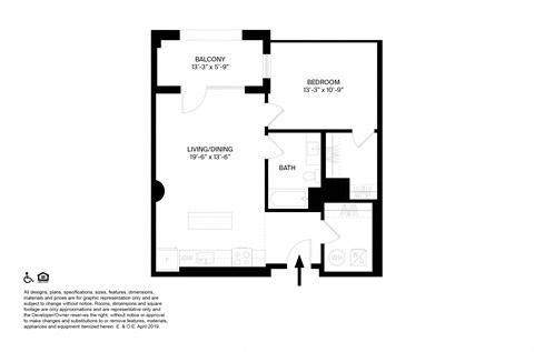Floor plan for 1 bed, 1 bath, 847 sqft