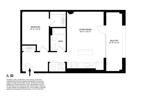 Floor plan for 1 bed, 1 bath, 852 sqft