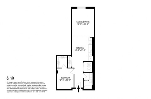 Floor plan for 1 bed, 1 bath, 885 sqft