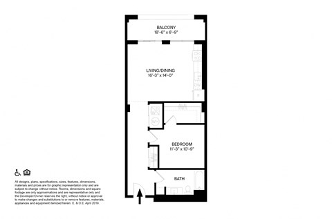 Floor plan for 1 bed, 1 bath, 906 sqft