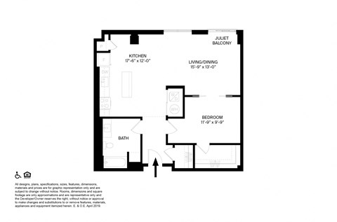 Floor plan for 1 bed, 1 bath, 933 sqft