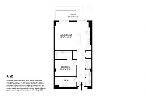 Floor plan for 1 bed, 1 bath, 938 sqft