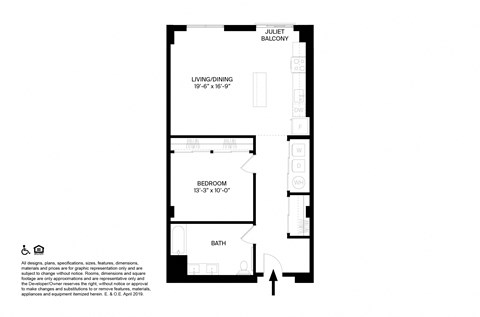 Floor plan for 1 bed, 1 bath, 938 sqft