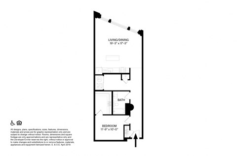 Floor plan for 1 bed, 1 bath, 943 sqft