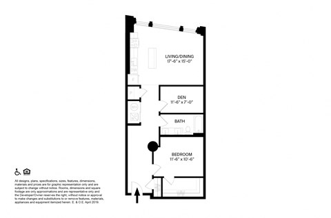 Floor plan for 1 bed, 1 bath, 955 sqft