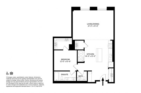 Floor plan for 1 bed, 1.5 baths, 1080 sqft