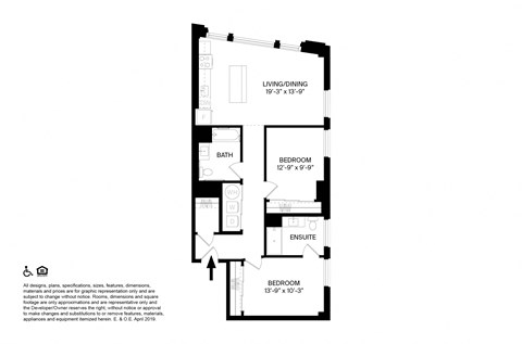 Floor plan for 2 beds, 2 baths, 955 sqft