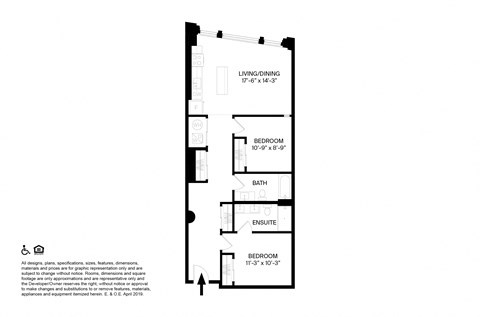Floor plan for 2 beds, 2 baths, 1022 sqft