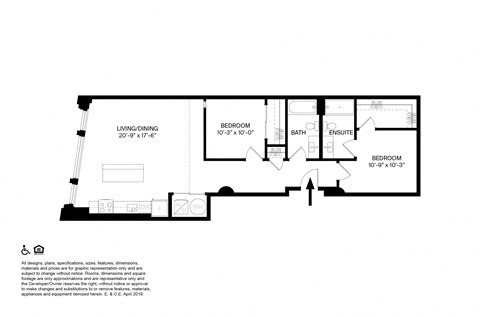 Floor plan for 2 beds, 2 baths, 1072 sqft